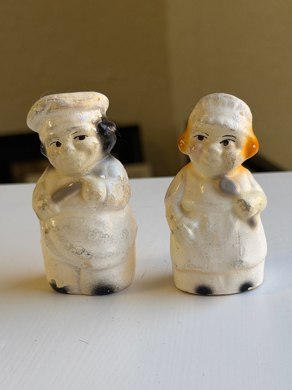 Vintage White Ceramic Chef Couple Figurine Salt & Pepper Shakers
